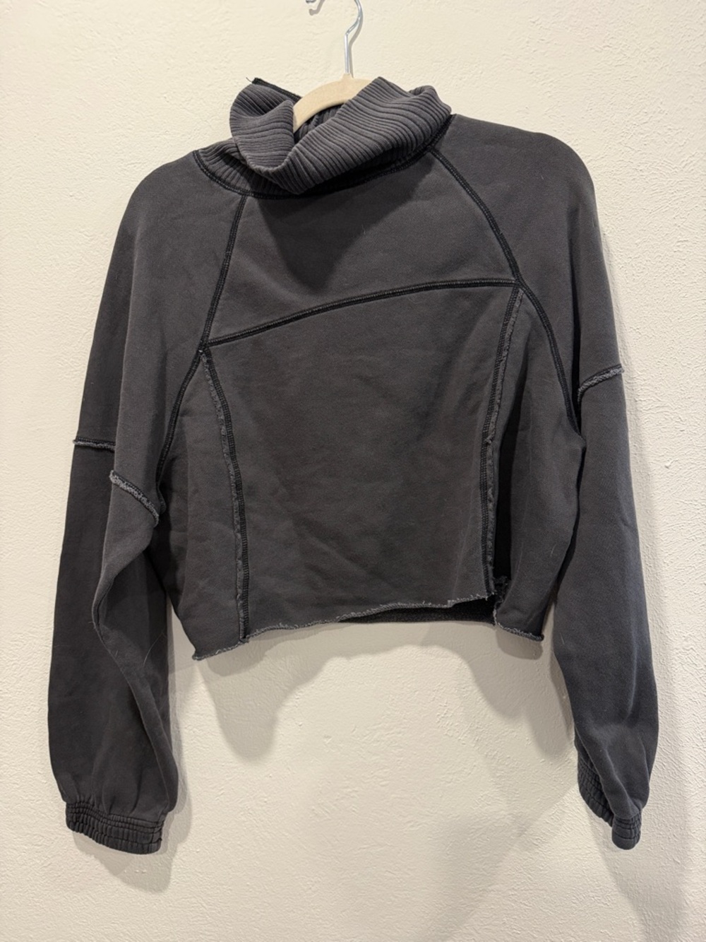 aerie Black Cropped Raw-Hem Sweatshirt with Funnel Neck